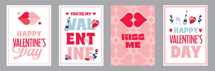 Set of 4 Valentine's day cards. Modern typography art background. Vector illustration. Bundle of romantic icons.