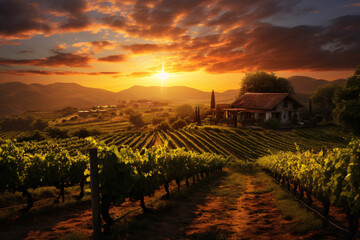 A scenic vineyard aglow in the dusk, its grapevines winding, and a quaint winery nearby. - obrazy, fototapety, plakaty