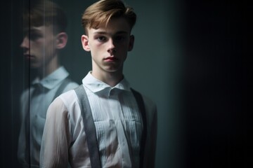 Portrait of a drained boy in his 20s practicing ballet in a studio. With generative AI technology