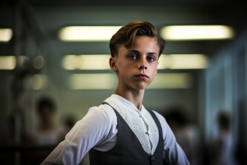 Portrait of a concentrated boy in his 20s practicing ballet in a studio. With generative AI technology
