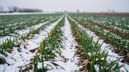 Green wheat that barely comes out of the ground in winter - obrazy, fototapety, plakaty
