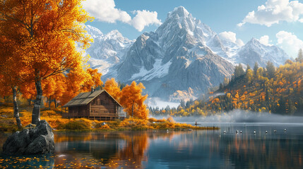 Autumn in the mountainous area next to a river, and among the trees there is a wooden cabin