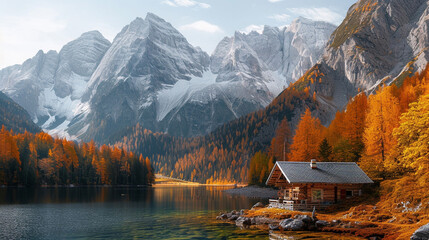 Autumn in the mountainous area next to a river, and among the trees there is a wooden cabin - obrazy, fototapety, plakaty