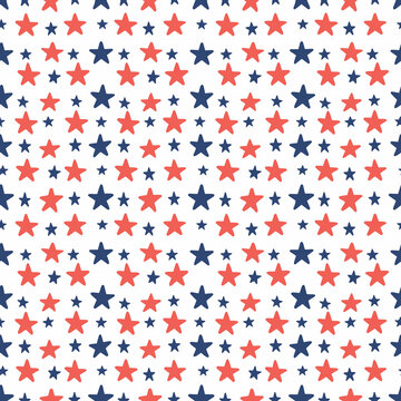 Red, white, and blue stars seamless pattern. Gift wrapping, wallpaper, background. Flag Day