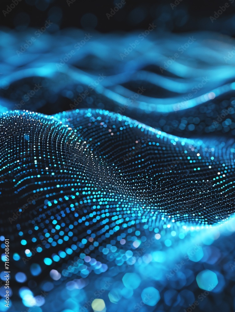 Wall mural futuristic data visualization with a blue circular wave on a digital background.