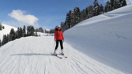 Happy smile woman skier skiing down snow slope in mountains at ski resort. Scenery with snow hilly and pine forest. Winter recreation and sports. Raises hands side from freedom and feeling of flying