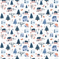 Winter scenes seamless pattern. Gift wrapping, wallpaper, background. Groundhog Day