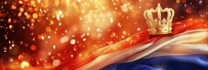 Fotobehang Crown on the background of the flag of Dutch Kingdom, Happy Dutch King Day banner © lublubachka