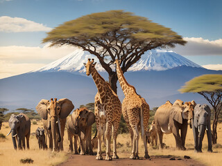 A group of many African animals giraffes, lions, elephants, monkeys, and others stand together on Kilimanjaro mountain in the background design.