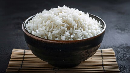 A photo of steaming rice in a bowl. Professional capture.