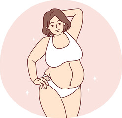 Plus size woman in lingerie standing in relaxed position, not embarrassed by own body. Vector image