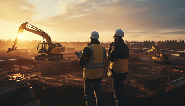 Maquinaria industrial pesada en la obra.Ingenieros de construcci&oacute;n supervisando el progreso del proyecto de construcci&oacute;n de una nueva f&aacute;brica o mega construccion.