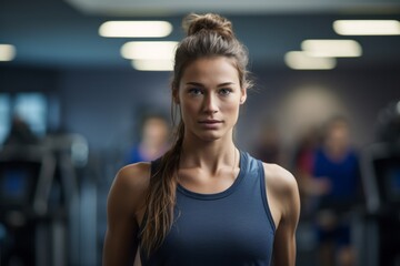 Portrait of a concentrated girl in her 30s doing step in a gym. With generative AI technology