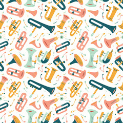 Oompah band instruments seamless pattern. Gift wrapping, wallpaper, background. Oktoberfest