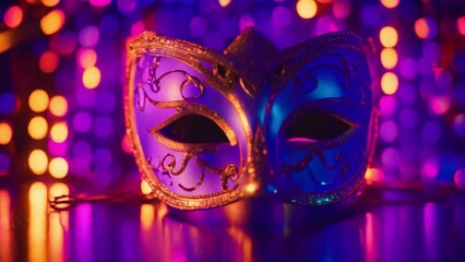 Video footage of Close up of a colorful venetian mask with neon lighting background and copy space area. Suitable for use for Carnival  and Mardi Grass Videos.
