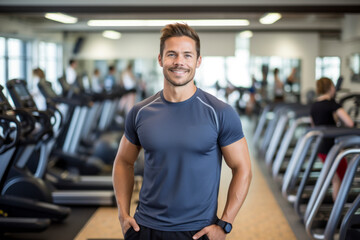 Portrait of a satisfied boy in his 30s doing step in a gym. With generative AI technology