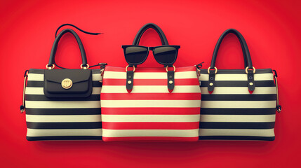 Three striped handbags and a pair of sunglasses on a red background - obrazy, fototapety, plakaty