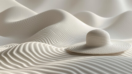 Fototapeta na wymiar A stylish white sun hat resting on textured sand dunes.