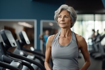 Obraz premium Portrait of a concentrated mature woman doing step in a gym. With generative AI technology