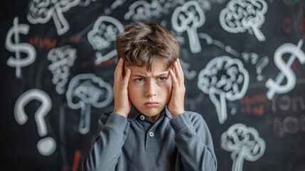 Stressed schoolboy sitting at blackboard in classroom 
