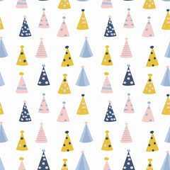 Party hats seamless pattern. Gift wrapping, wallpaper, background. New Years