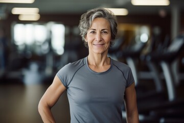 Fototapeta premium Portrait of a handsome mature woman doing step in a gym. With generative AI technology