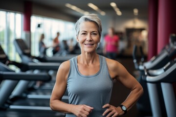 Fototapeta premium Portrait of a handsome mature woman doing step in a gym. With generative AI technology