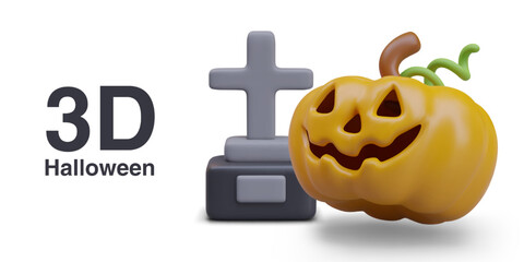 Funny composition for Halloween. Jack o lantern pumpkin with spooky face standing near grave with cross on stone stand. Vector illustration in 3d style with place for text