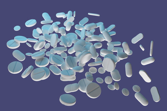 White pills scattered on a dark background. Medications. 3D image