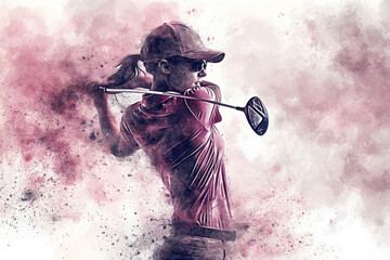 Golf player in action, woman pink watercolour with copy space - obrazy, fototapety, plakaty