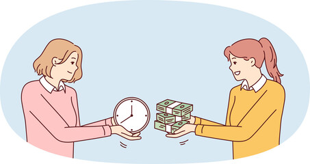 Two women exchange wads of money and watches, symbolizing purchase of free time or employment with hourly pay. Girl sells time in exchange for financial reward.