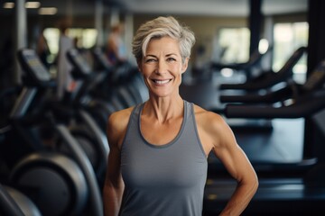 Fototapeta premium Portrait of a handsome mature woman doing step in a gym. With generative AI technology