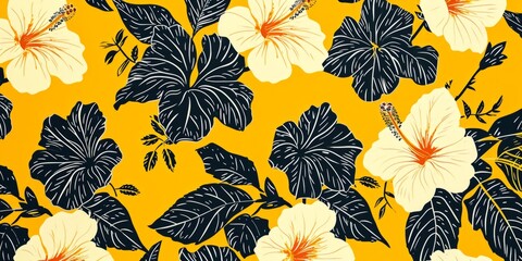 the pattern represents hibiscus on yellow fabric Generative AI - obrazy, fototapety, plakaty