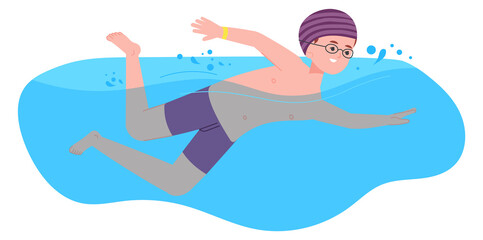 Obraz premium Active boy swimming in water race. Pool competition
