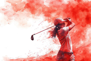 Golf player in action, woman red watercolour with copy space