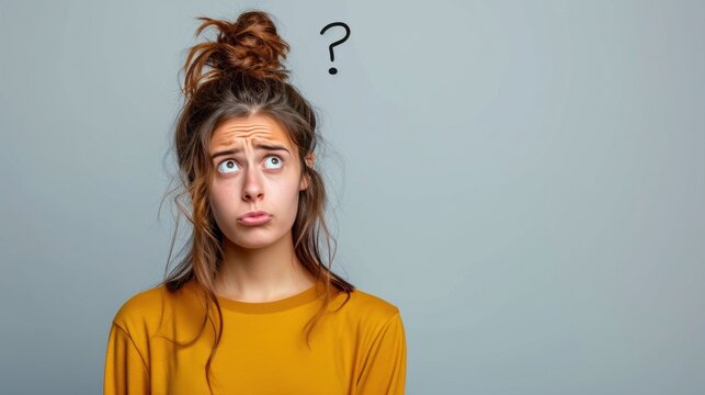 Portrait of confused young woman with question mark above her head on grey background