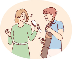 Musical group of man playing guitar and woman with rattle rehearsing new cool tune. Vector image