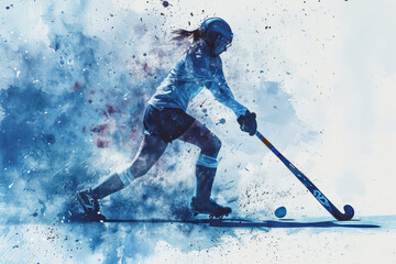 Field Hockey player in action, woman blue watercolour with copy space