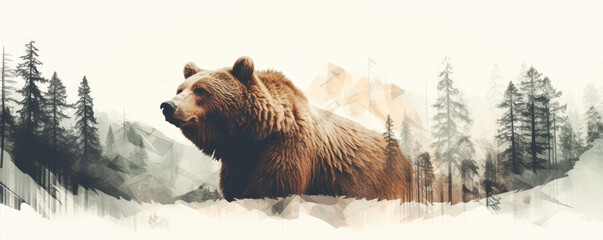 Wild brown bear design for t shirt printing. on white background. wide banner