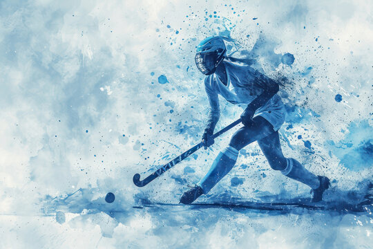 Field Hockey player in action, woman blue watercolour with copy space