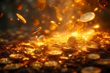 Step into opulence with our casino gold coin explosion illustration capturing the excitement of a realistic game win, where treasures abound.
