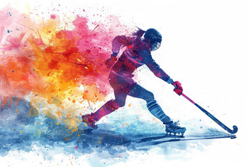 Field Hockey player in action, woman colourful watercolour with copy space