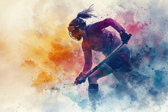Field Hockey player in action, woman colourful watercolour with copy space