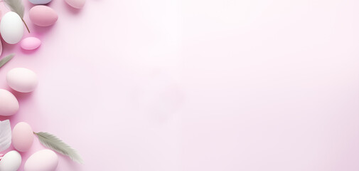 Easter banner image. Pastel eggs isolated on pink background. Spring holidays.