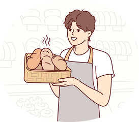 Man in apron baker holds tray of hot bread prepared for customers of supermarket. Vector image