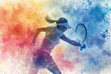Tennis player in action, woman colourful watercolour with copy space