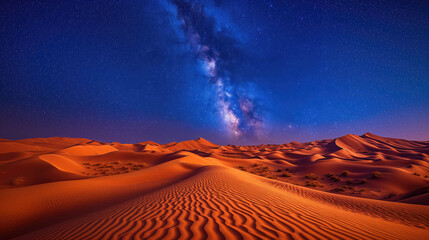 Mesmerizing Milky Way galaxy over undulating desert dunes at night.