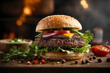 fresh prime chick patty angus or wagyu beef burger sandwich with flying ingredients and spices hot ready to serve and eat food commercial advertisement menu banner with copy space area


