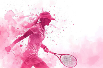 Tennis player in action, woman pink watercolour with copy space