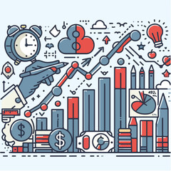 A vector illustration of business people engaged in a meeting, discussing graphs and diagrams as part of a business concept.